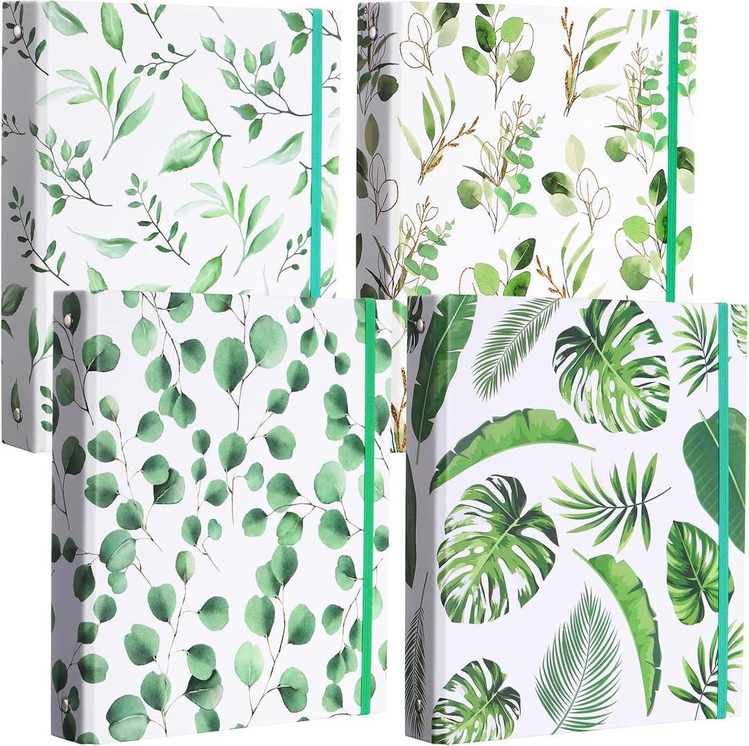 Colarr 4 Pcs Mini 3 Ring Binders for 5.5'' x 8.5'' Paper, Economy Small 1 Inch Round Ring Cute Eucalyptus Leaves Binders Decorative Hardcover with Elastic Cord for School Office Supplies and Home Use