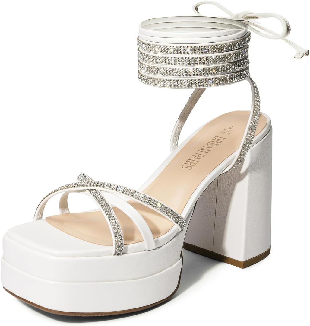 DREAM PAIRS Women's Lace Up Platform Heels Rhinestone High Strappy Chunky Sandal Y2K Shoe for Club Party Date Prom (6.5, White)