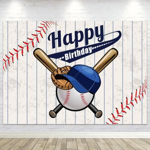 LGhtyro Baseball Happy Birthday Backdrop 7Wx5H for Boys Kids Sports Themed Bday Party Retro Blue Stripes Polyester Fabric Photography Background Decoration Unique Cool Fabric Photo Shoot Studio Props