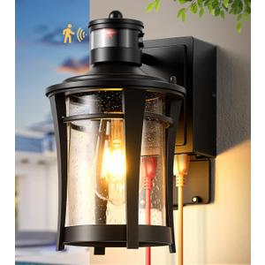 Gleamz Outdoor Porch Light with GFCI Outlet, Black Motion Sensor Outdoor Wall Light Fixtures, 100% Aluminum Exterior Lantern Lights, Wall Mount Light with Seeded Glass, Coach Lights for Garage, Patio, 1-Pack