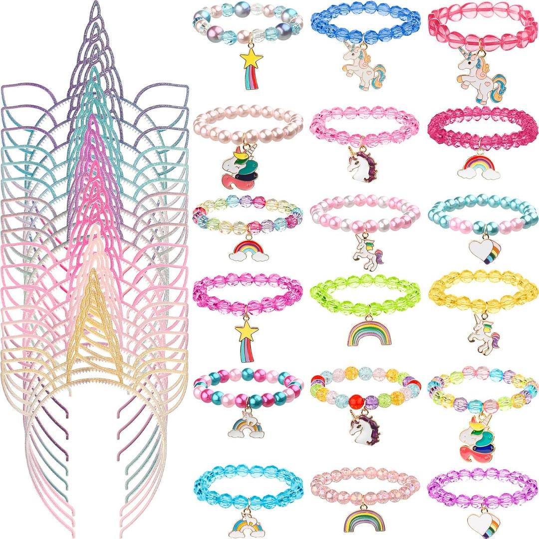 Yunsailing 36 Pcs Unicorn Party Favors Headbands for Girls Colorful Unicorn Bracelet Kids Gifts Rainbow Beaded Bracelets Horn Headband for Birthday Party Supplies