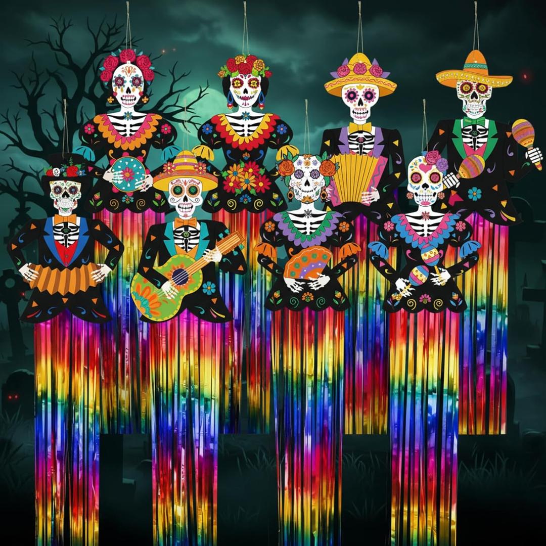 Kigley 8 Pcs Day of The Dead Sugar Skull Hanging Decorations Large Skeleton Dia De Los Muertos Party Decorations Sugar Skull Decor with Tassels Ropes for Halloween Party Outdoor Home 39.4 x 8.7 in