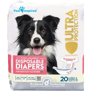 Paw Inspired 20ct Disposable Dog Diapers | Female Dog Diapers Ultra Protection | Diapers for Dogs in Heat, Excitable Urination, or Incontinence (Large) Paw Inspired 20ct Disposable Dog Diapers | Female Dog Diapers Ultra Protection | Diapers for Dogs in Heat, Excitable Urination, or Incontinence (Large)