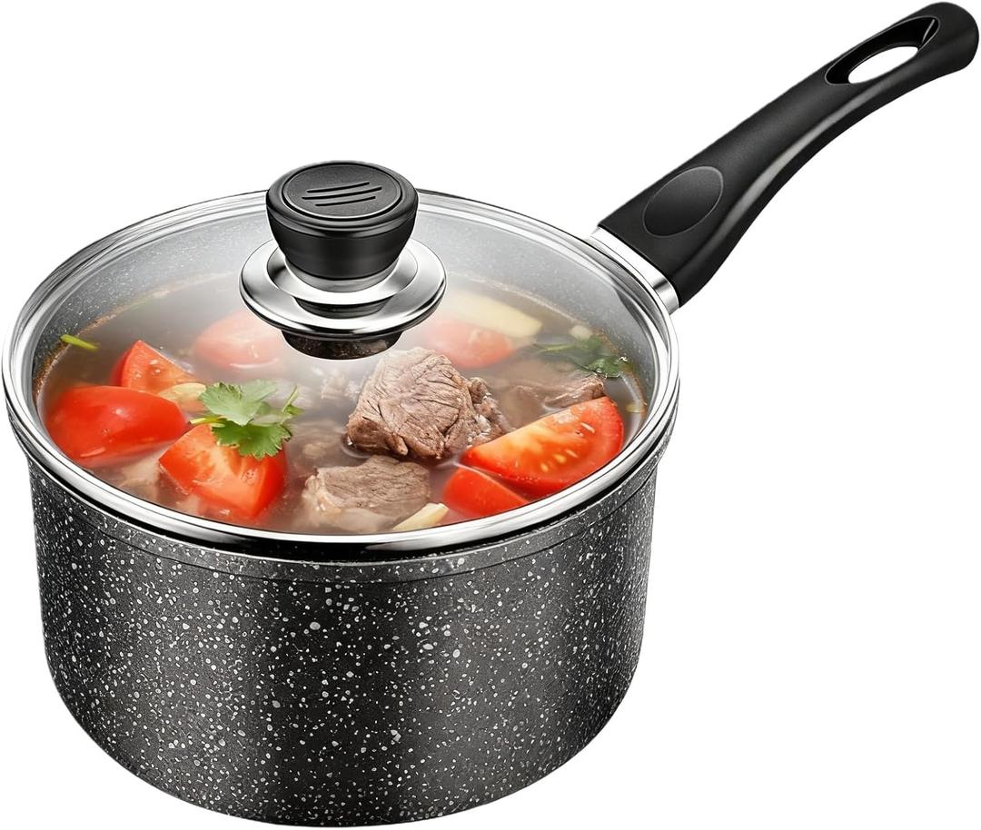 Nonstick Saucepan with Glass Lid, 2 Quarts Sauce Pan with Swiss Granite Coating, Small Cooking Pot with Detachable Handle Multipurpose Induction Compatible