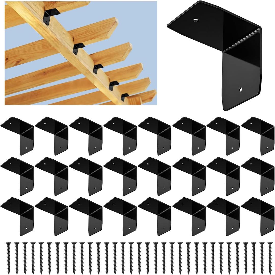MorningRo 24 Pcs Black Pergola Hardware Rafter Clips Galvanized Steel Rafter Brackets Hurricane Clips Brackets Ties with Screws for Lumber Pergola, Timber Beam, Ceiling Joist (4 Inch)