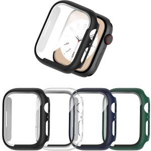 COMMUTER [4 Pack] for Apple Watch 9/8/7 Screen Protector 45mm, Hard PC Ultra-Thin Protective Face Cover Built-in Tempered Glass Film for Apple Watch 9/8/7 45mm, Black/Clear/Blue/Green