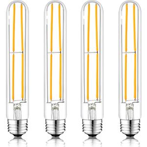 T10 7.3 Inch LED Bulb 6W (60W Equivalent) 2700K Warm White Edison Light Bulb 600lm Dimmable Long Tubular E26 LED Bulb for Rustic Pendant, Industrial Pipe, Wall Sconces, Chandeliers (4-Pack)