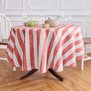 Solino Home Round Tablecloth 70 Inch - Cabana Stripe, 100% Pure Linen Red and White Round Tablecloth - Machine Washable Table Cloth for Spring, 4th of July, Memorial Day, Summer