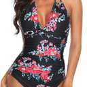 Smismivo Women's Tummy Control One Piece Swimsuits Long Torso Curvy Halter Bathing Suit (Floral Red) S