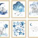 97 DECOR FRAMED Baby Girl Elephant Nursery Decor - Baby Boy Room Decorations for Nursery Wall Decor, Blue Moon and Stars Nursery Art Prints, Cute Elephant Poster Animal Picture for Bedroom (BEIGE FRAME)