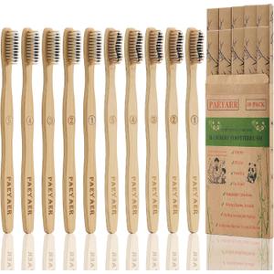 10 Count Bamboo Toothbrush (Soft+Medium) Charcoal Toothbrushes, Natural Wood Toothbrush, Reusable Travel Toothbrushes