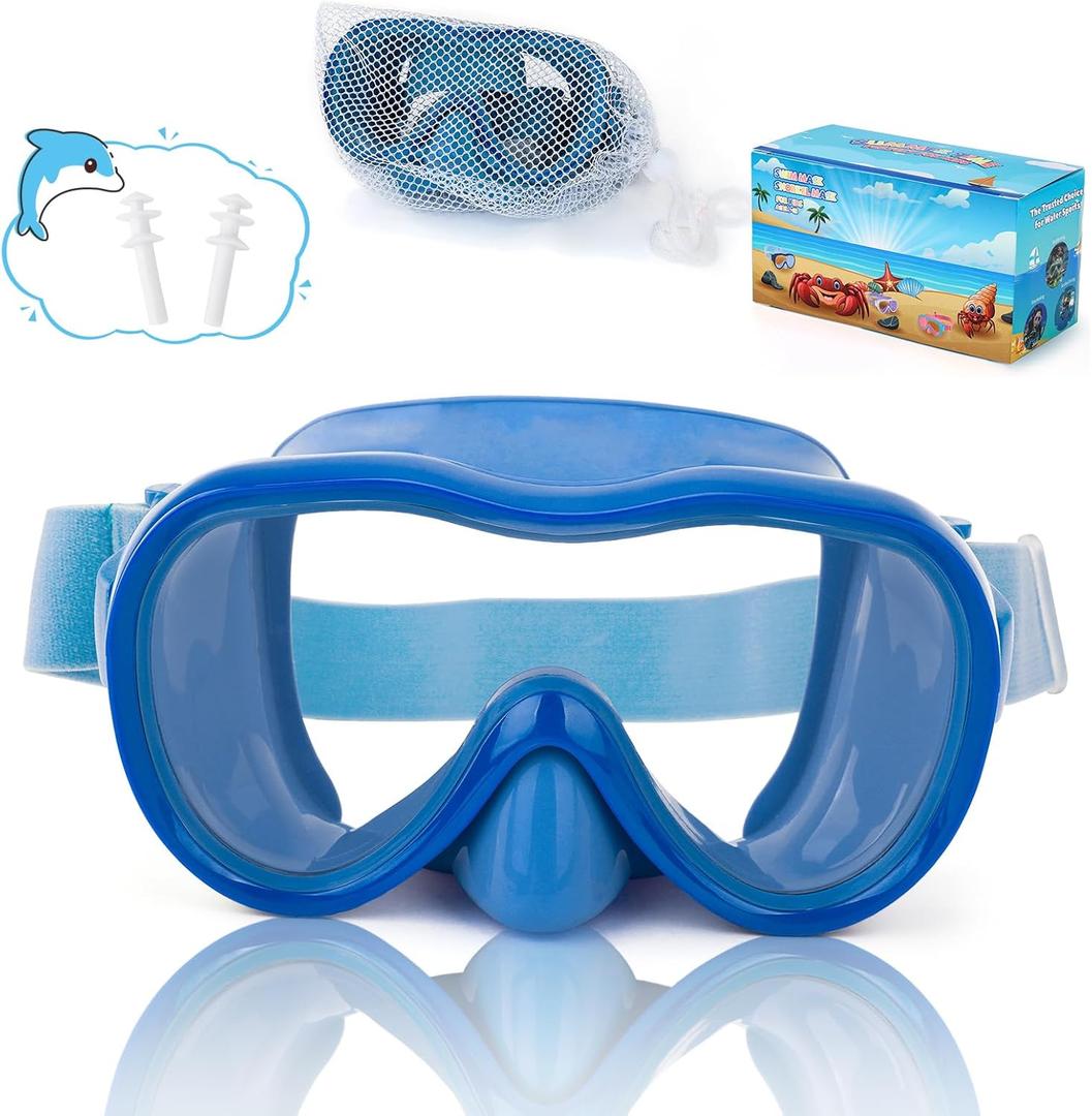 Kids Swim Goggles, Snorkel Mask Diving Mask Swimming Goggles with Nose Cover and Elastic Straps Cover & Mesh Bag & Ear Plugs