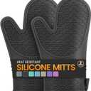 Silicone Oven Mitts, Heat Resistant 2PCS Oven Mitts with Soft Cotton Lining, Waterproof Non-Slip Grip Oven Glove, Kitchen Potholder Mits for BBQ, Baking, Cooking, 12.5 Inch - Black