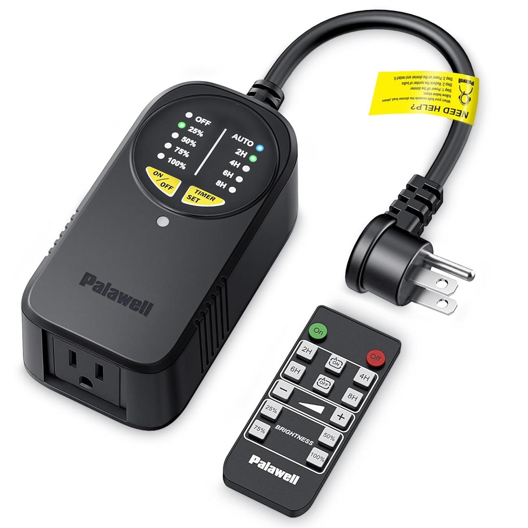 Outdoor Dimmer Plug with Remote  600W Plug-in Dimmer Light Switch, Auto Dusk-to-Dawn Sensor + Timer, Power-Loss Memory, IP65 Waterproof, Dimmer Switch for LED String Lights, Indoor Lamp & Patio Dcor