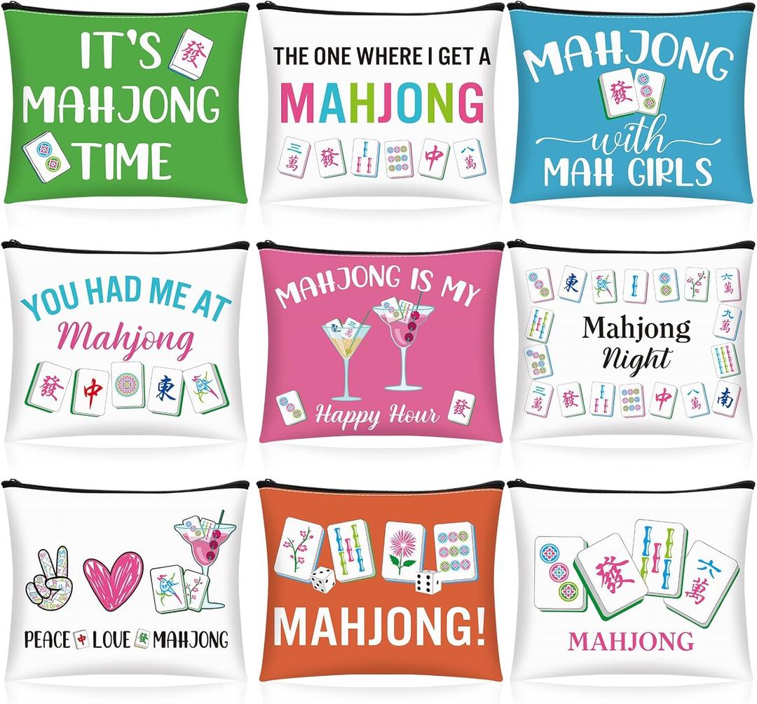 9 Pcs Mahjong Cosmetic Bag Gifts for Women Mahjong Makeup Bag Mah Jong Zippered Pouch for Lover Player Mothers Birthday Party Lucky Mah Jong Gift Coquette Accessories (Styles 1)