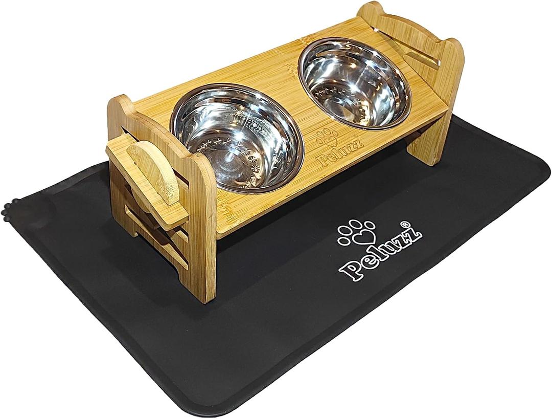 Dog Bowls Elevated Adjustable Height Bamboo Raised Feeding Stand with Stainless Steel Bowls, for Dogs & Cats, Cat Bowls Elevated, 6 Height Levels, 15 Tilt & Includes Waterproof Feeding Mat