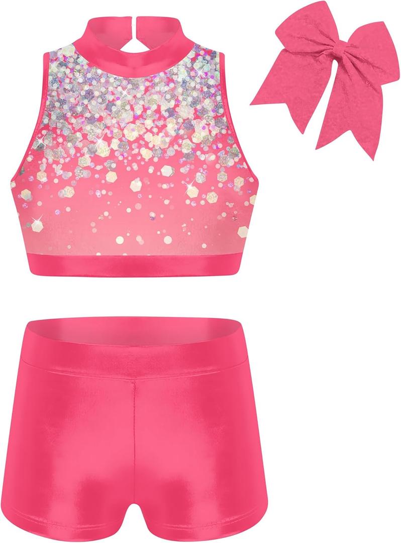 Vogseek Gymnastics Leotards for Girls with Shorts Sparkly Ballet Dance Unitards Biketards Kids Activewear (6-7 Years, Yellow)