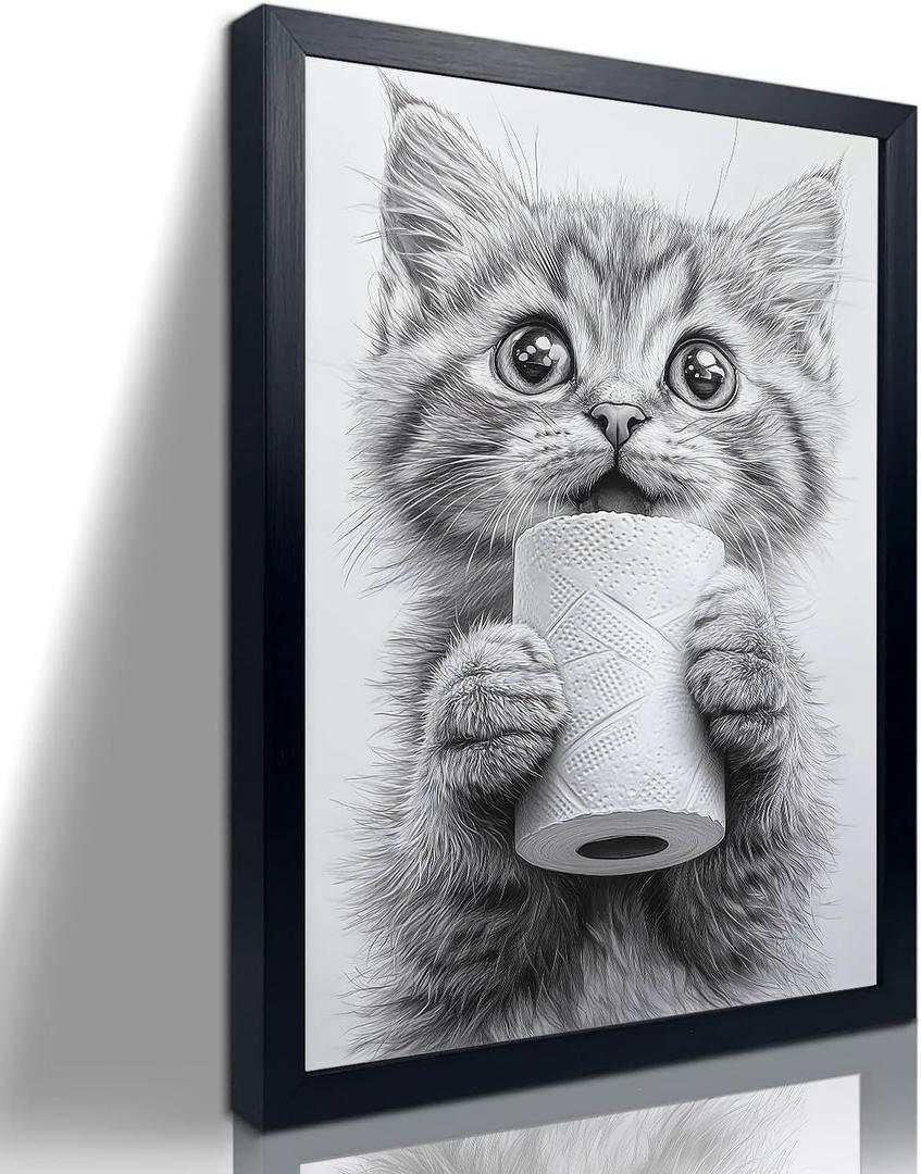 2 x Bathroom Picture Wall Decor, Framed Black and White Bathroom Wall Art, Toilet Paper in Little Funny cat Hand Animal Canvas Print Painting