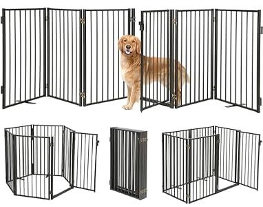 Metal Freestanding Dog Gates with Door for Outdoor Indoor,120'' Extra Wide 24'' Tall Free Standing Dog Gate for Doorways,Large Openings,Deck,Yard,Porch,Foldable Safety Pet Fence(Black,6 Panels)