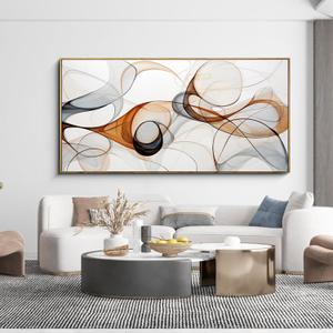 KLAKLA Modern Abstract Gray and Brown Designs - Colorful Curves and Translucent Medium - Frame Wall for Living Room Office Wall Decor Picture Artwork for walls (48L" x 24W", White + Orange Frame)