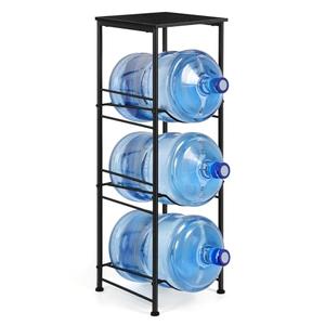 OYEAL Water Jug Holder Stand 5 Gallon Water Bottle Holder Organizer with Shelf, Heavy Duty 3 Tier Water Bottle Storage Rack for Kitchen, Office, Living Room, Black