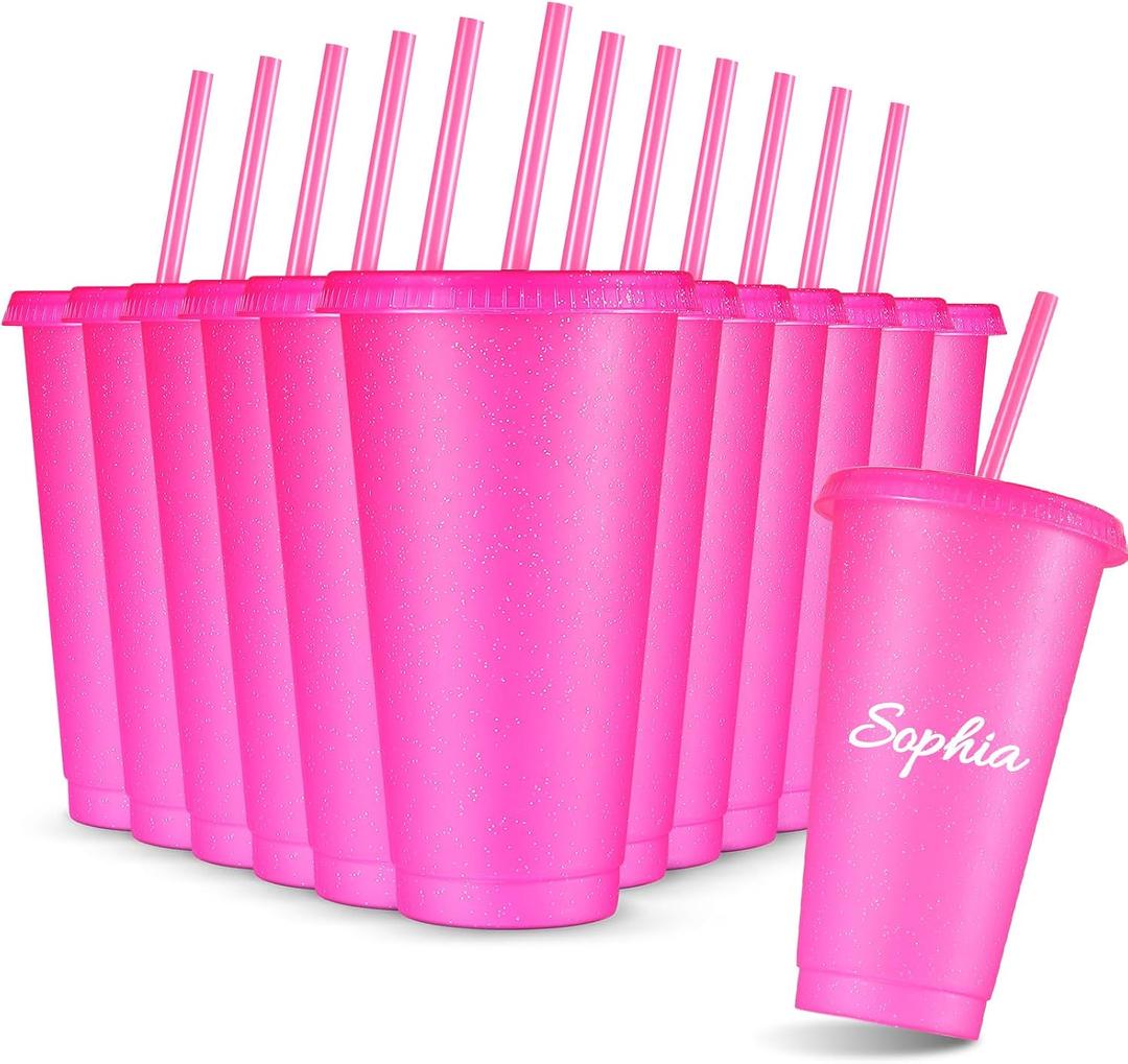 Amyhill 12 Pcs Reusable Glitter Cups with Lids and Straws 24 oz Plastic Tumbler Iced Coffee Cup Travel Mug for Smoothie Juice Sleepover Wedding Graduation Party Supplies Girl(Hot Pink) | Reusable, with Lids and Straws, Tumbler, Iced Coffee Cup, Travel Mug, Party Cups