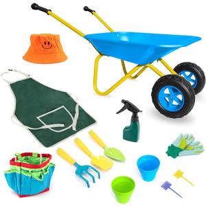 Kids Wheelbarrow Gardening Tool Set,Toddler Metal Wheelbarrow Outdoor Toy for Kids Dig Sand/Dirt,Shovel Snow,Leaves (Blue Set)