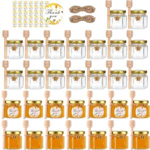 BIGIVACA 2 oz Hexagon Mini Glass Honey Jars with Wood Dippers,30 Pack Small Honey Jars with Gold Lids,Bee Pendants,Jutes,35 Bee Stickers,Perfect for Baby Shower,Wedding Favors,Party Favors