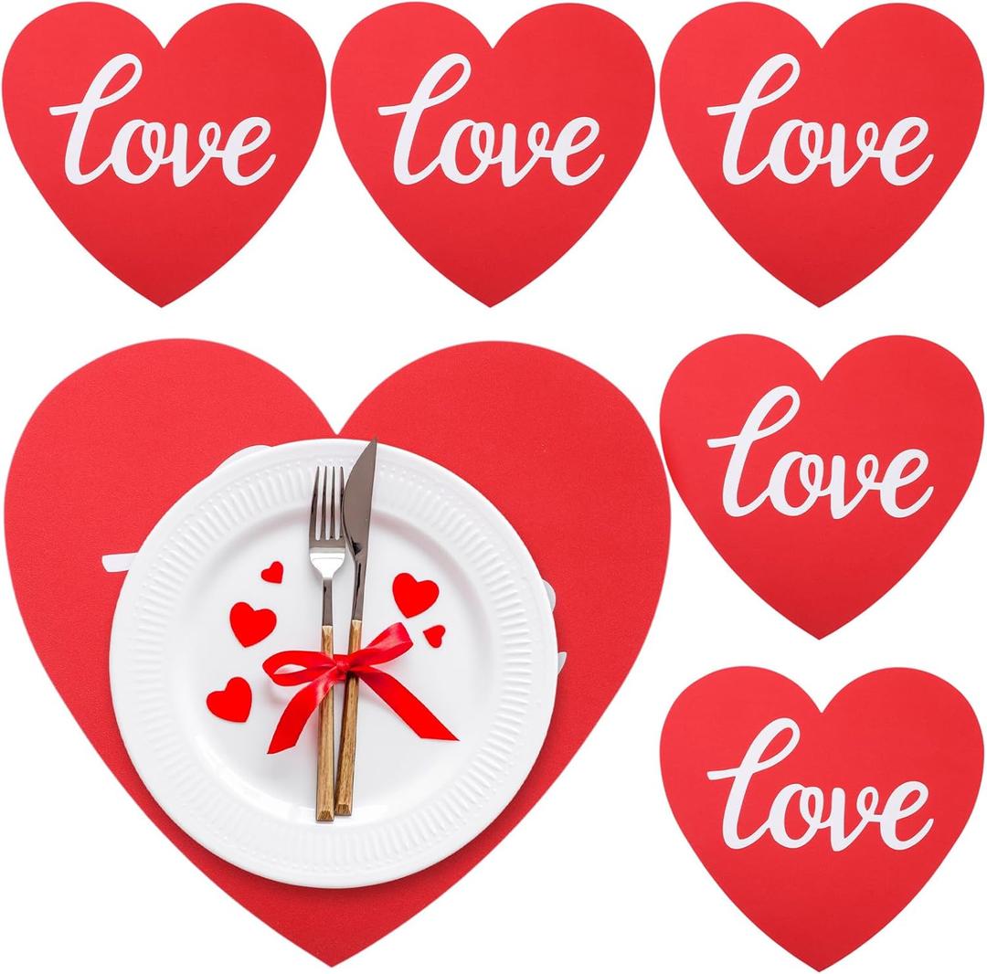 Remerry Leather Heart Placemats Set of 6 Red Heart Shaped Place Mats Waterproof Washable Table Kitchen Mats for Kitchen Dining Decor(Love,Red,14 x 13'')
