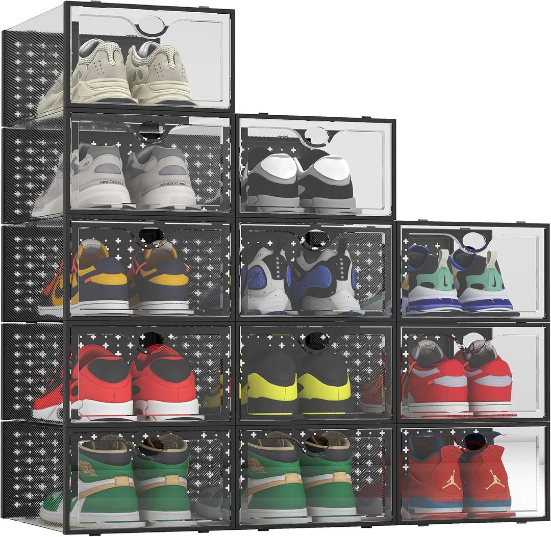 Pinkpum 12 Pack XXL Shoe Storage Box Fit for Size 14, Clear Plastic Stackable Shoe Organizer for Closet, Shoe Containers Sneaker Storage Clear and Black