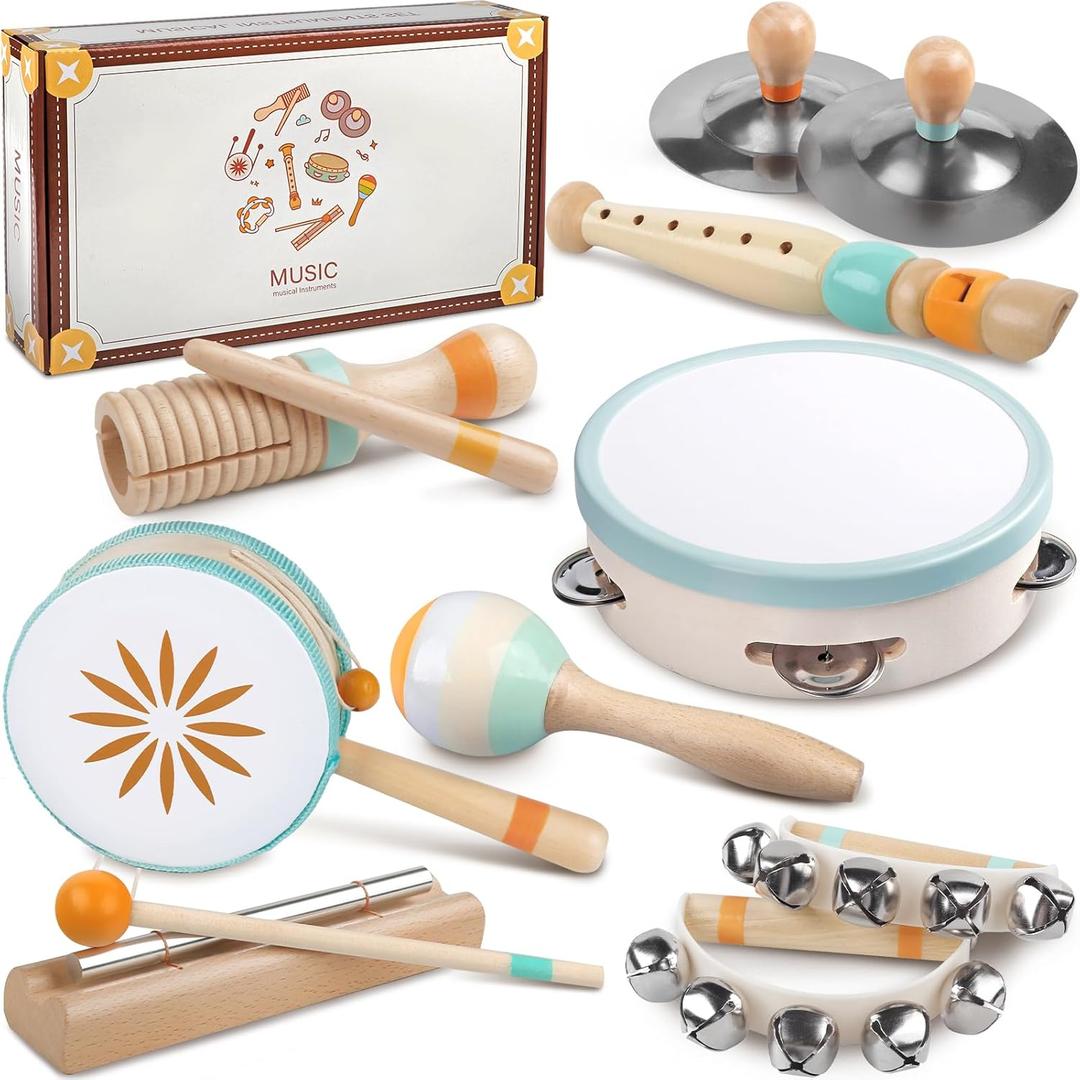 Baby Musical Instruments - Montessori Musical Toys for Toddlers 1-3, Wooden Percussion Instruments Set, Kids Preschool Educational Music Learning Toys, Birthday Gifts for Boys Girls (Neutral)