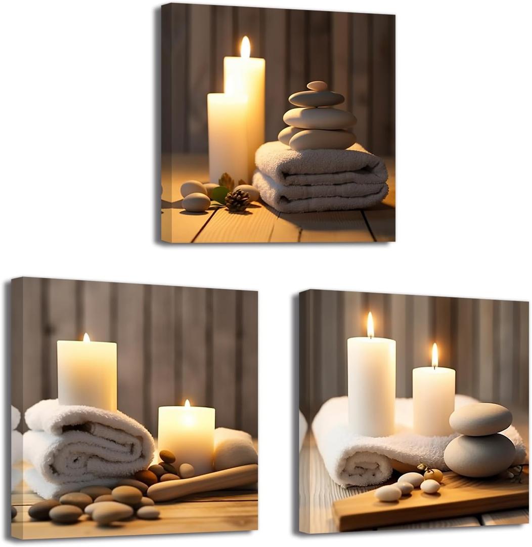 LZIMU Zen Canvas Wall Art 3 Panels Stone Candle and Bath Towel Picture Prints for SPA Meditation Room Bathroom Decor Framed (Zen-1, 12"x12"x3P)