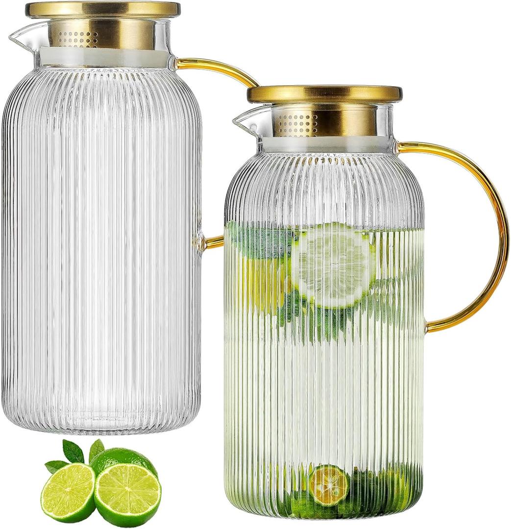 2 PACK Glass Pitcher with Lid, 84oz/2.5L Liter Classic Vertical Stripes Water Pitcher,Glass Water Carafe for Cold Brew, Coffee, Lemonade, Iced Tea,Sun Tea, Beverage, Heat Resistant (Clear)