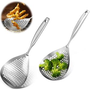 Slotted Spoon 304 Stainless Steel Skimmer Spoon with Long Handle Efficient Skimmer Ladle Multifunctional Strainer for Kitchen Frying Cooking Draining (Silvery 2pcs)