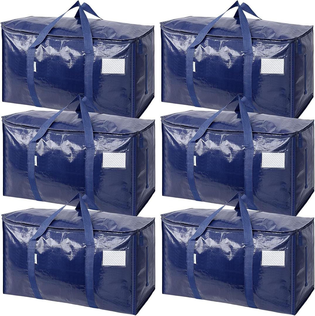 TICONN 6 Pack Extra Large Moving Bags with Zippers & Carrying Handles, Heavy-Duty Storage Tote Moving Boxes for Space Saving (Pack of 6, Navy)