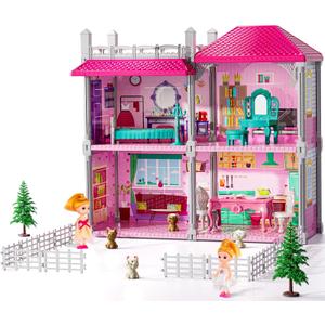 Pink Villa Playset for Girls Ages 3-7, 2-Story 4 Room House with 2 Dolls, Furniture and Accessories, Indoor Playset Girls Toys for Ages 6-8, Pretend Toddler Toy, Birthday Gifts for Kids 4-8