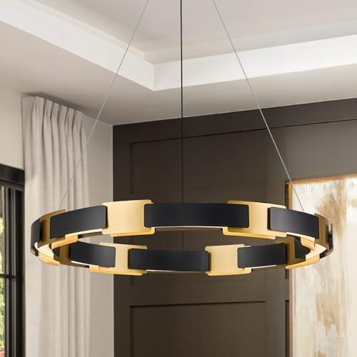 CaraLuxe LED Ring Chandelier Modern Black Gold Chandelier for Dining Room 24in Dimmable Circular Chandeliers Light Round Chandeliers Light Fixture for Bedroom Kitchen Entryway Home Office Living Room