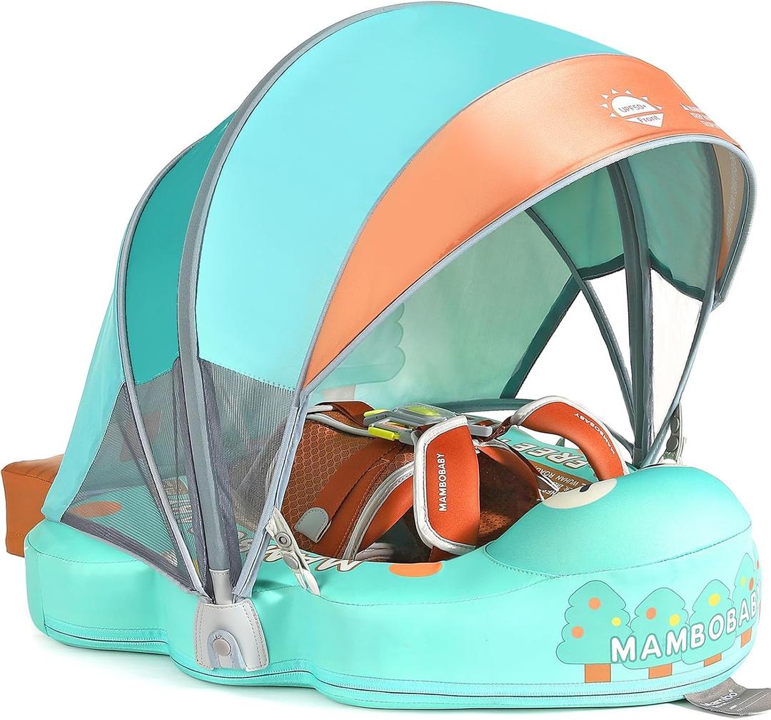 Mambobaby Non-Inflatable Baby Pool Float with Tail and Canopy UPF 50+ Sun Protection No Flip Over Infant Swim Float Skin-Friendly Mambo Float Swim Trainer Solid Baby Swimming Ring, adjustable