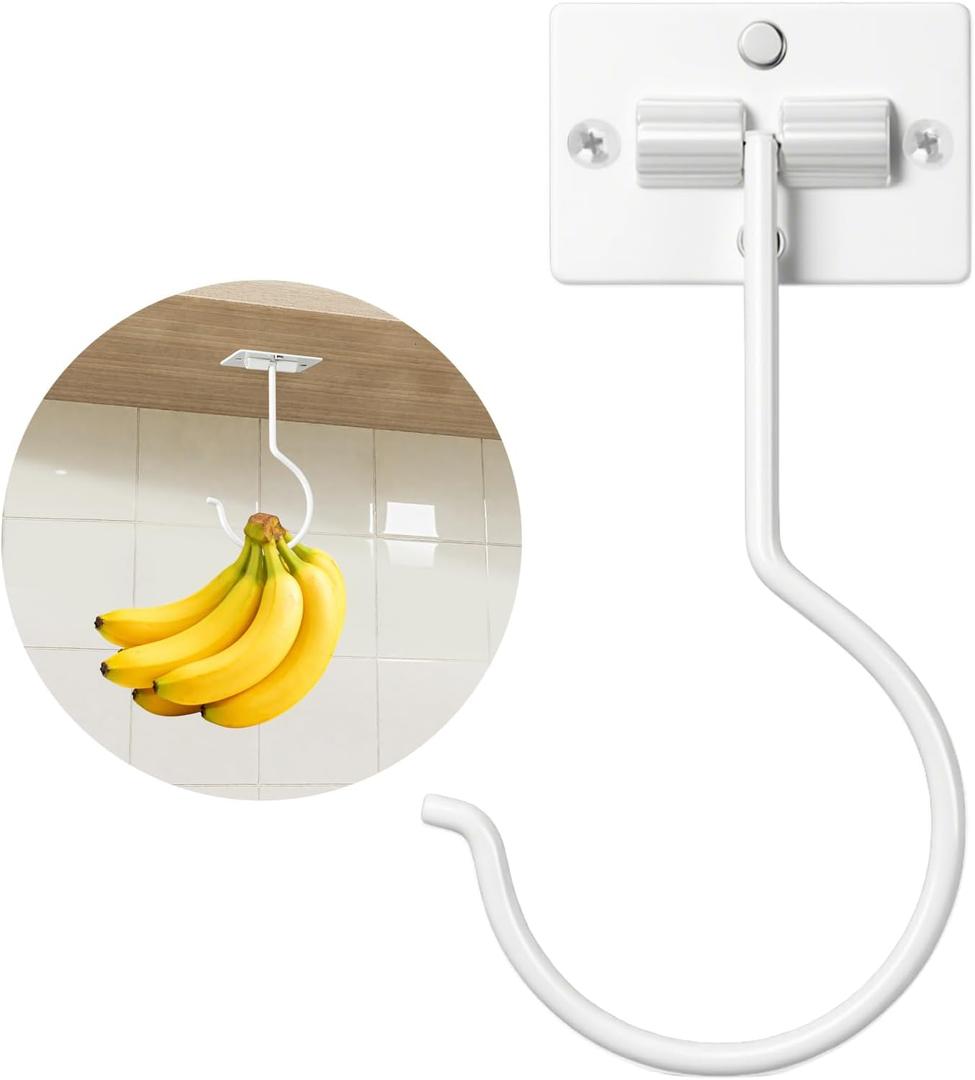 Under Cabinet Banana Hook – Foldable Banana Hanger with Adhesive and Magnets, Space-Saving Gold Metal Holder for Kitchen and RV, Keeps Bananas Fresh (White, 1 Pcs)