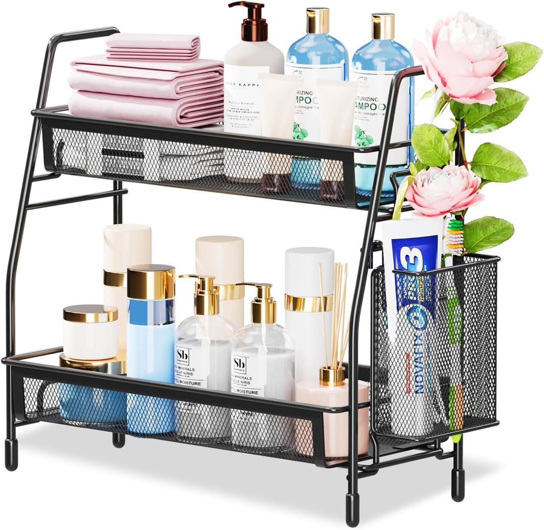 Famhap Bathroom Counter Organizer, Bathroom Organizer Countertop with Side Basket, Kitchen Countertop Organizer, Metal Spice Rack Organizer, Black 13.8"x7"x12.6"