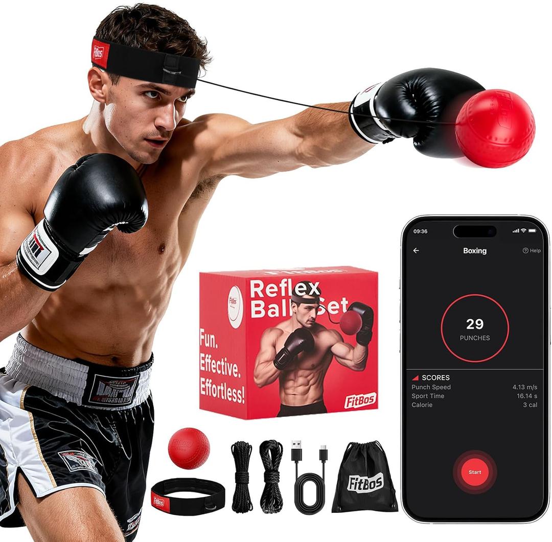 Boxing Reflex Ball Upgraded with Bluetooth Punch Counter App, Rechargeble Boxing Ball with Headband & 2 Spare Strings, Fun Punching Ball Reaction Trainer Boxing Equipment, Men Teen Boys Gifts