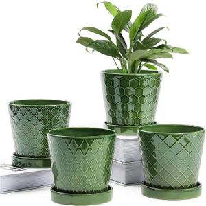 BUYMAX Plant Pots Indoor 5 inch Ceramic Flower Pot with Drainage Hole and Ceramic Tray - Gardening Home Desktop Office Windowsill Decoration Gift, Set of 4-Plants NOT Included (Patina)