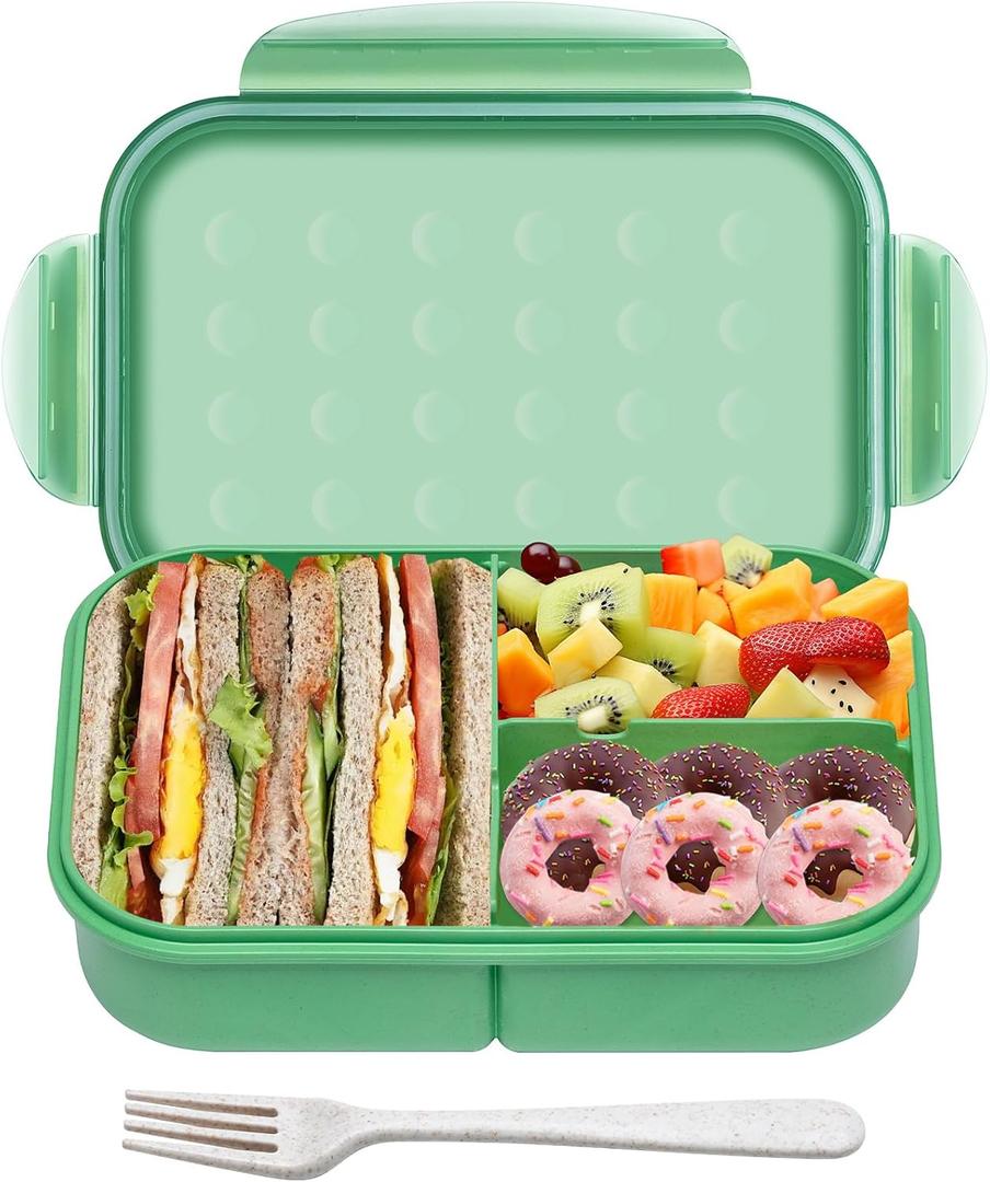 Itopor Leak-Proof Bento Box with Fork, 3-Compartment Wheat Straw Lunch Box for Adults & Teens, BPA-Free Microwave & Dishwasher Safe Lunch Containers, 5.5 Cup, Sage Green