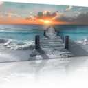 Large Beach Sunset Wall Art - Ocean Landscape Picture Seaside Pier Scenery Painting Artwork Seascape Canvas Print Poster Modern Wall Decor for Home Living Room Office, Ready to Hang Framed 48" x 24"