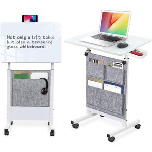 KOUPA Adjustable Height Standing Desk, Writable Tempered Glass Desktop with Eraser, 360° Flip, Wheels and Bag– Ideal for Small Spaces and Home Offices, 24 in, White(Adjustable Height: 32-47 in)