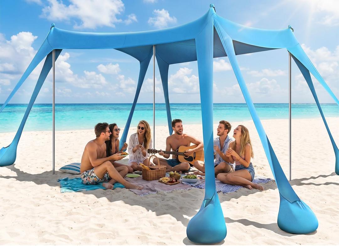 Beach Tent, UPF 50+ Sun Shelter with 8 Sandbags, Sand Shovels, Ground Pegs & Stability Poles – Portable Shade Canopy for Camping, Fishing, Backyard Fun, or Picnics (Sky Blue)