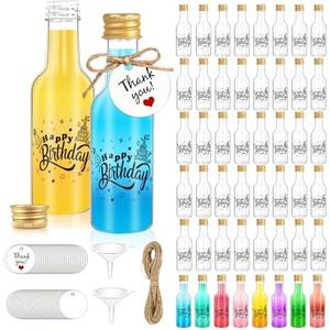 OurWarm 50 Pack Happy Birthday Mini Liquor Bottles, 1.7oz/50ml Empty Plastic Shot Bottles with Gold Screw Caps Funnels Tags & Twines for Juice Wine Alcohol Juicing Ginger Shots Birthday Party Favors