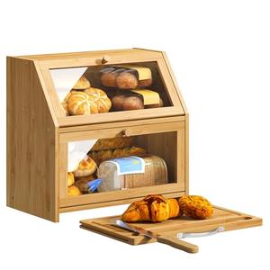 BMOSU Bread Box with Cutting Board Kitchen Bread Storage Organizer Farmhouse Countertop Double Bamboo Wood Bread Box(Natural)