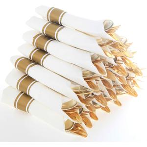 Supernal Pre Rolled Napkin with Gold Plastic Silverware Set of 30pack, Disposable Gold Silverware with Linen Napkin, Heavy Weight, Wrapped Plastic Silverware Suit for Wedding, Catering Event, Party