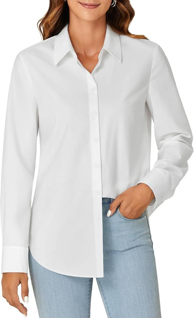 KIFOVEN Women's Button Down Shirt Long Sleeve Collared Office Work Business Blouse Top Solid White X-Large (White)